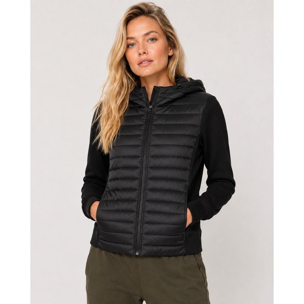 Elie Tahari M Hooded Puffer Jacket Black Quilted Mixed Media Zip Front Coat